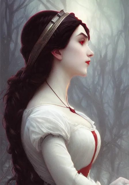 Image similar to snow white vampire, intricate, elegant, highly detailed, digital painting, artstation, concept art, smooth, sharp focus, illustration, art by artgerm and greg rutkowski and alphonse mucha and william - adolphe bouguereau