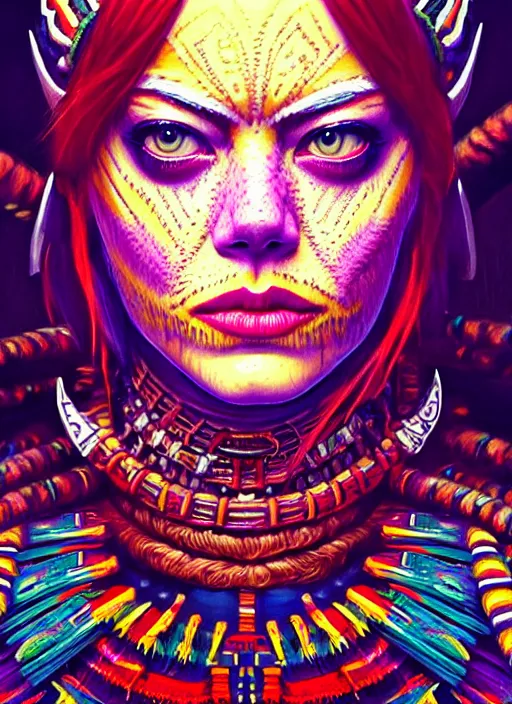 Image similar to portrait of emma stone, hyper detailed ultra sharp aztec shaman warrior. trending on artstation, warpaint aesthetic, bloodwave, colorful, psychedelic, ornate, intricate, digital painting, concept art, smooth, sharp focus, illustration, art by artgerm and greg rutkowski and h. r. giger, 8 k