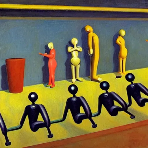 Prompt: robots queue up for water slide, grant wood, pj crook, edward hopper, oil on canvas