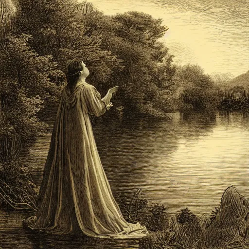 Image similar to a beautiful woman at a lake, illustration by Gustav Doré