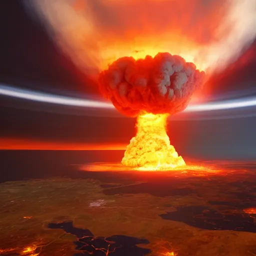 Image similar to nuclear explosion + burning mushroom cloud + hyper real + unreal engine 5 + view from space + beautiful lighting + post processing + 4k