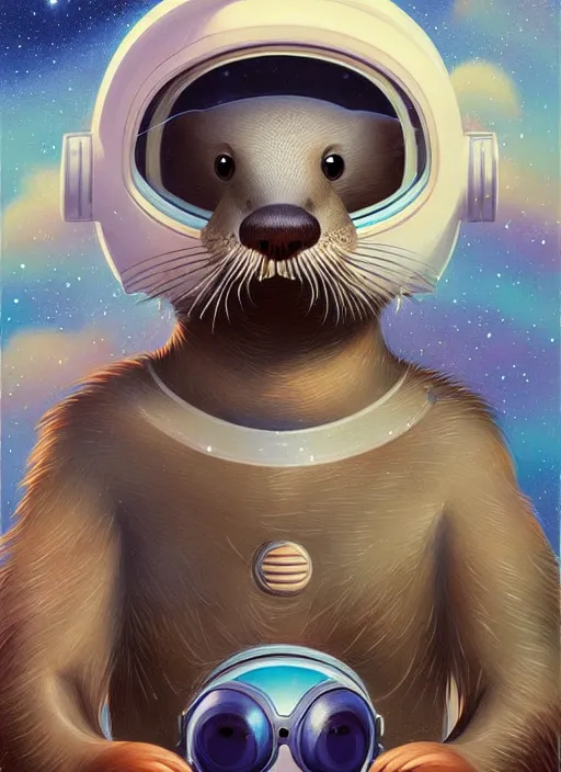 Image similar to a portrait of a cute otter with a space helmet, swimming through a beautiful galaxy!!!, detailed, artstation, art by miyazaki and rhads