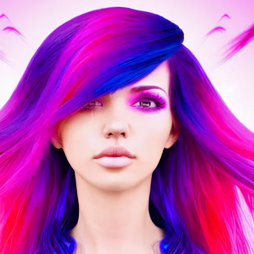 Image similar to a award winning half body portrait of a beautiful woman in a coprtop with a ombre purple pink hairstyle with head in motion and hair flying, outrun, vaporware, vivid colors, highly detailed, fine detail, intricate