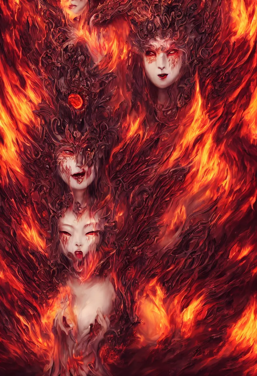 Image similar to stunning female demons surrounded in fire, korean, buddhist, Naraka otherworldly rising from the fire, crystal amber eyes , wings, very detailed face, smile, monster teeth covered in red, dark and mysterious, full body, rococo, cinematic, epic ,4K very detailed, full body, Sun God, death God, hell