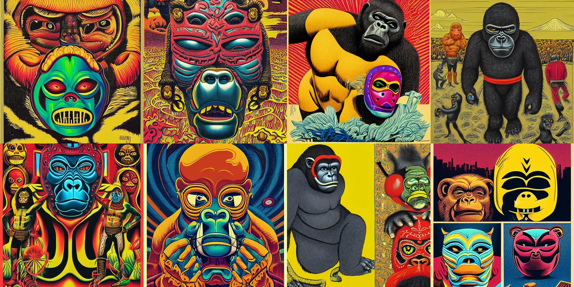 Prompt: lucha libre, gorilla mask, by casey weldon, by todd schorr, by paul ranson, by moebius