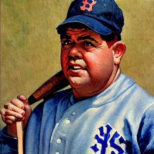 Image similar to a portrait painting of Babe Ruth. Painted by Norman Rockwell