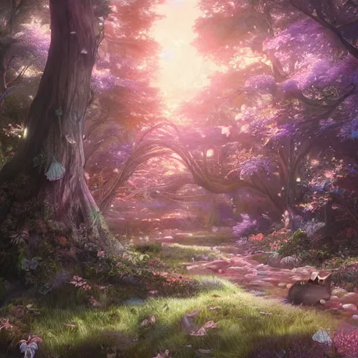 Image similar to the aesthetic view of the beautiful, grand, wistful, dreamy hidden forest at dusk, hyperrealistic anime illustration by iralki nadar, colorful, extremely detailed, intricate linework, super sharp focus, bright colors, octopath traveler, studio ghibli, unreal engine 5 highly rendered, global illumination, radiant light, detailed and intricate environment