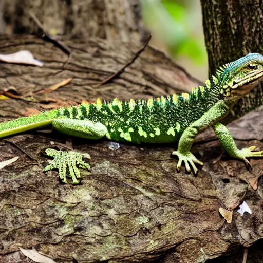 Prompt: camo wearing anthro lizard, photograph captured in the woods