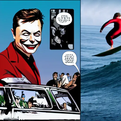 Prompt: surfing elon musk as mr. bean as the joker from batman, surfing still from batman vs bean at the beach, 2 0 2 0