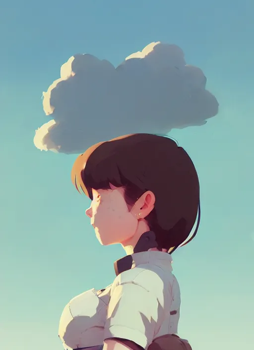 Image similar to portrait of cute girl, cloud sky background, by atey ghailan, by greg rutkowski, by greg tocchini, by james gilleard, by joe gb fenton, by kaethe butcher, dynamic lighting, gradient light blue, brown, blonde cream and white color in scheme, grunge aesthetic