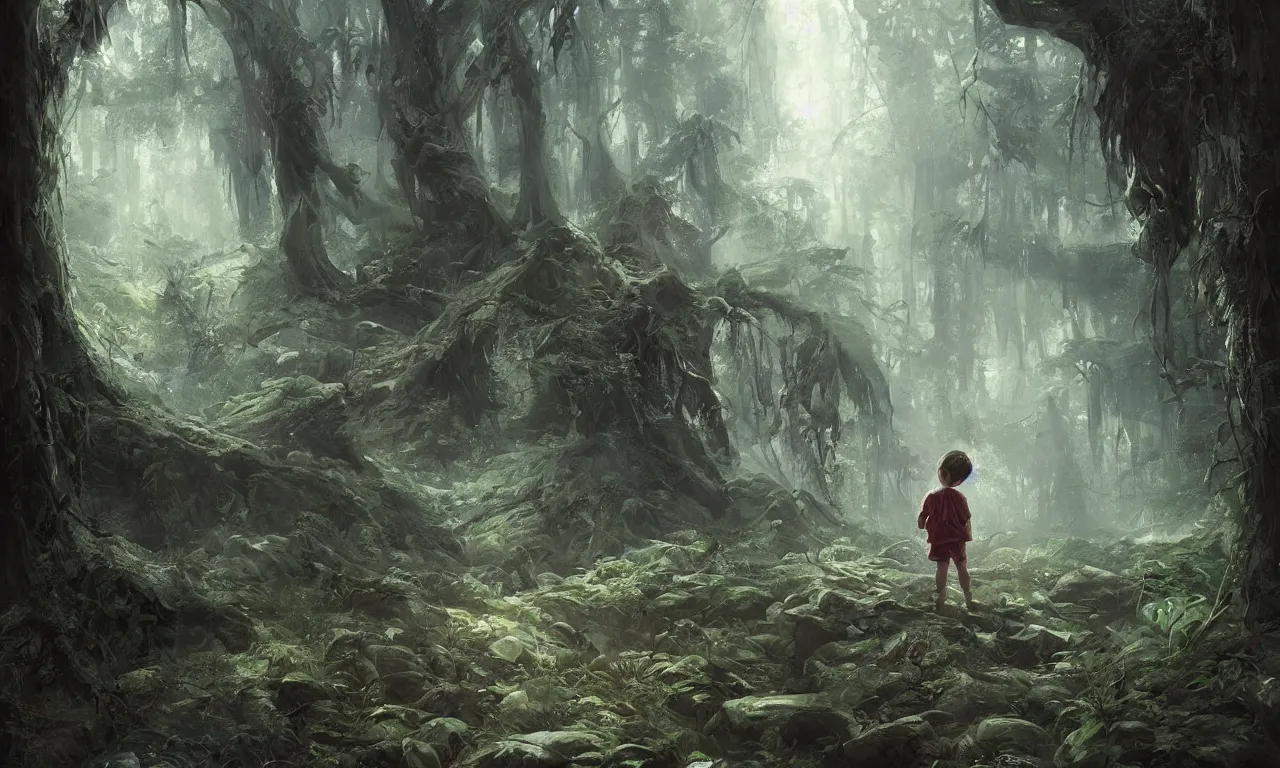 Prompt: a beautiful painting of a kid weeping in the middle of a dense scary forest by John Blanche and Greg Rutkowski, trending on Artstation, midjourney