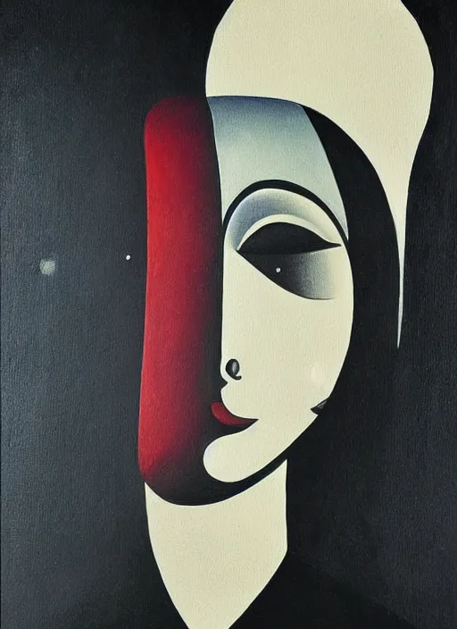 Image similar to surrealism, abstract, a dark witch in front of the full big moon, painting by agam yaacov, gertrude