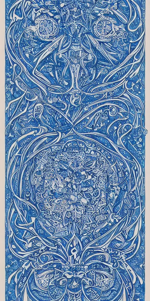 Prompt: blue paper + an intricate gemini depiction + symmetry + elaborate ink illustration