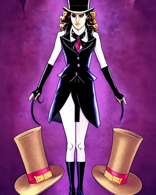 Image similar to beautiful Anna Kendrick Zatanna DC Comics floating on stage, wearing a top hat, symmetrical face symmetrical eyes, smiling, intricate details, atmospheric, art by eiichiro oda, Joshua Middleton art