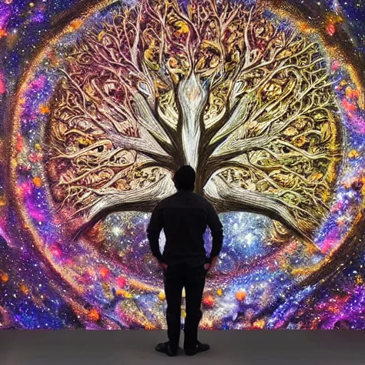 Image similar to a human man standing next to a cosmic tree, a sense of awe, amazement, monogon, plasma display, damascus, multiscopy, morph, in a symbolic and meaningful style, insanely detailed and intricate, hypermaximalist, elegant, ornate, hyper realistic, super detailede