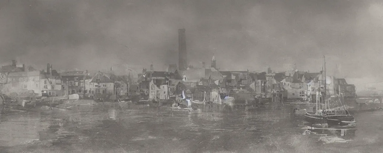 Prompt: a tintype photograph of the harbour at Stromness orkney, Cinematic view