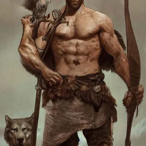 Image similar to portrait of a gruff ranger holding a spear, accompanied by a wolf dog, muscular, upper body, hairy body, D&D, fantasy, intricate, elegant, highly detailed, digital painting, artstation, concept art, matte, sharp focus, illustration, art by Artgerm and Greg Rutkowski and Alphonse Mucha