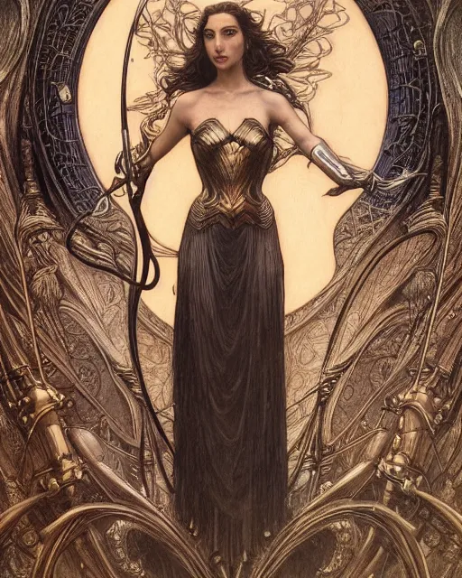 Prompt: in the style of beautiful gal gadot, steampunk, detailed and intricate by jean delville, gustave dore and marco mazzoni, art nouveau, symbolist, visionary, gothic, pre - raphaelite