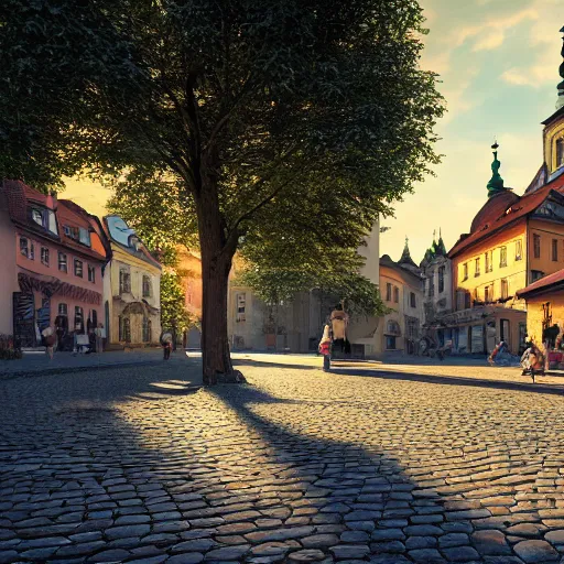 Image similar to a beautiful hyper realistic photo of banska stiavnica in summer, cobblestone pavement, with old houses and few trees in sunset, sky, v - ray, octane render, unreal engine, by greg rutkowski and james gurney, artstation