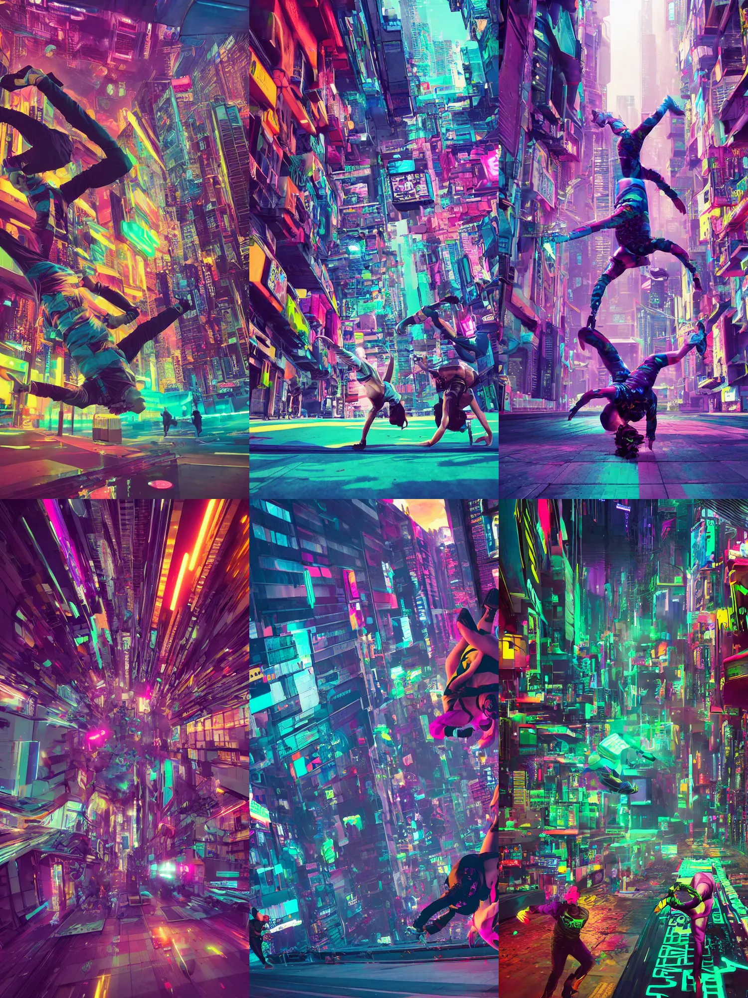 Prompt: a cyberpunk netrunners break dancing, surreal, urban ciryscape by Nick Xsullo, vibrant colourful background, rendered in Octane