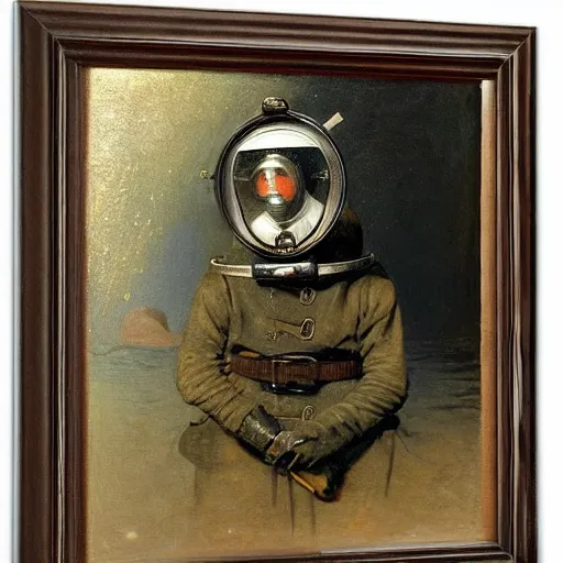 Image similar to portrait of a diver with an antique diving helmet by alfred stevens