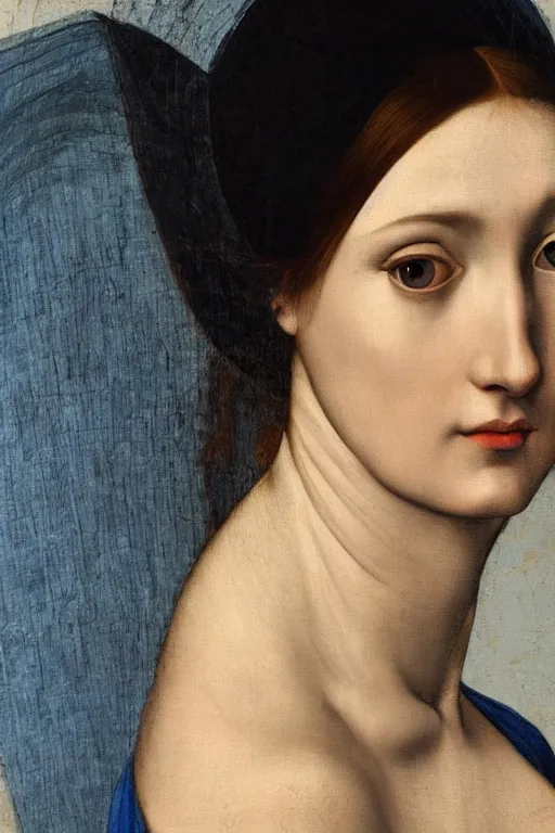 Prompt: hyper - realistic close - up portrait of a medieval female in the caravaggio style, pale skin, in a silver silk robe, blue palette