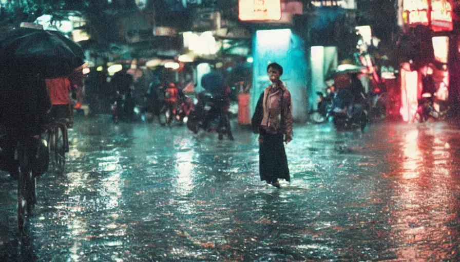 Image similar to street of hanoi, photography, night, rain, mist, a girl with pink hair, cinestill 8 0 0 t, in the style of william eggleston