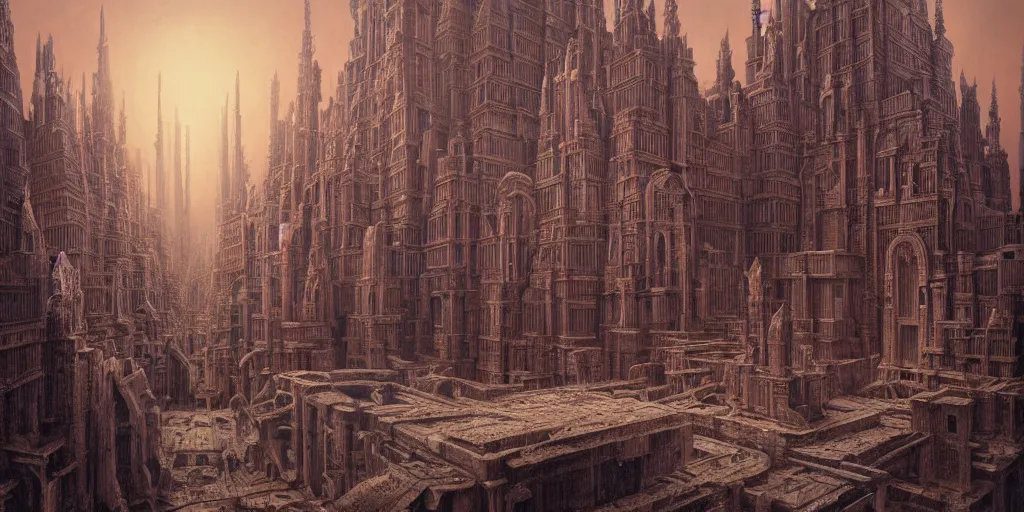 Image similar to sci - fi concrete baroque rococo gothic architecture in hell, babylonian, ziggurat, zaha hadid, beksinski, wayne barlowe, oil painting, photoreal, highly detailed, 8 k, hd, vray, artstation, cinematic matte painting, extreme detail photo quality, sunset, featured on behance