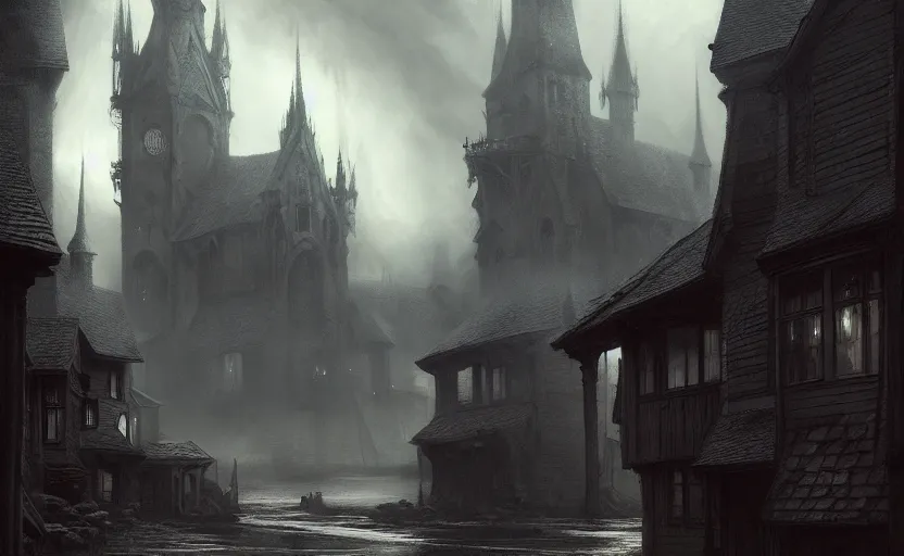 Image similar to extreme long shot concept art depicted an old english mystic town | art by thornton oakley and darek zabrocki and harvey dunn | dramatic mood, overcast mood, dark fantasy environment | fantasypunk, trending on artstation, unreal engine, hyperreal movie shot