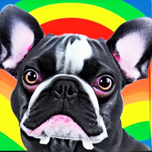 Image similar to rainbow excited smiling french bulldog using a computer. pop art.