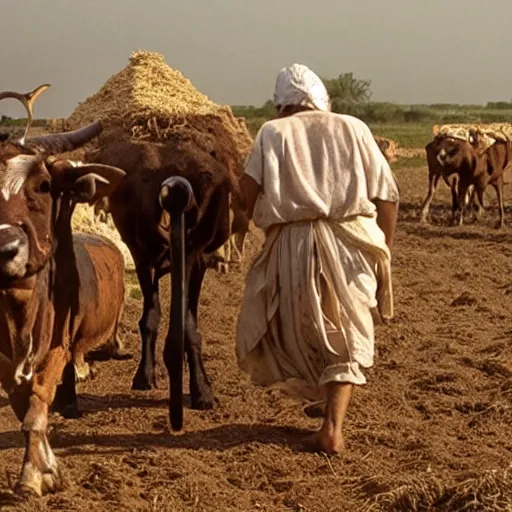 Image similar to cinematic still of farmer in ancient canaanite clothing working with oxen in the field, directed by steven spielberg