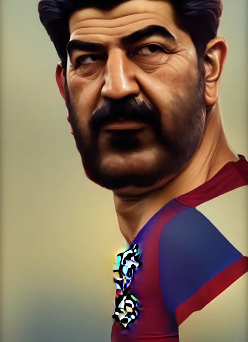 Image similar to portrait of sadam hussain, head and torso, fc barcelona jersey number 1 0, dark blue, maroon red, unreal engine 5, trending on artstation, master piece, octane render, art by artgerm and greg rutkowski and alphonse mucha