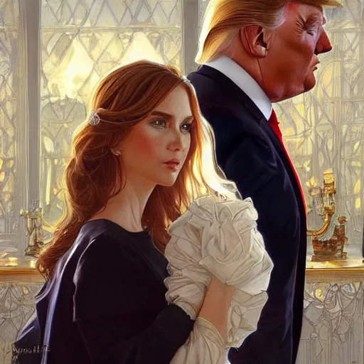 Image similar to vladimir putin marrying donald trump, elegant, highly detailed, digital painting, artstation, concept art, smooth, sharp focus, illustration, art by artgerm and greg rutkowski and alphonse mucha