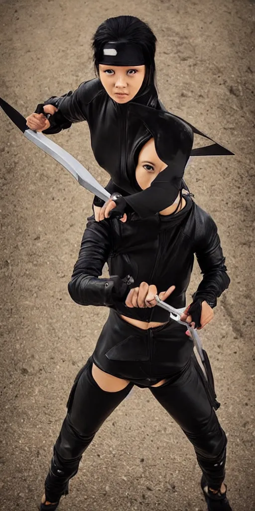 Image similar to a female ninja holding a kunai and riding a modern motorcycle