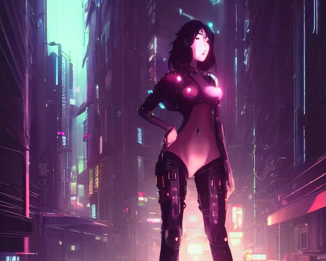 Image similar to Beautiful full body portrait of beautiful cyberpunk woman by Greg Rutkowski and Krenz Cushart and Pan_Ren_Wei and Hongkun_st and Bo Chen and Enze Fu and WLOP and Alex Chow, Madhouse Inc., anime style, crepuscular rays, set in rainy futuristic cyberpunk Tokyo street, dapped light, dark fantasy, feminine figure, smooth skin, gorgeous, pretty face, beautiful fashion model body, high detail, hyper realistic, cgsociety, trending on artstation