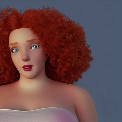 Image similar to Cinema4d Render of a gorgeous red haired woman with big curly hair and freckles, curvy figure wearing dress with flower print, realistic iris, Pixar CGI , octane render, sharp details, bloom, 8k resolution, OLED