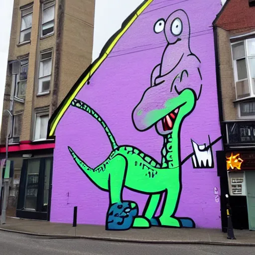 Image similar to belfast mural of barney the dinosaur holding an ak - 4 7