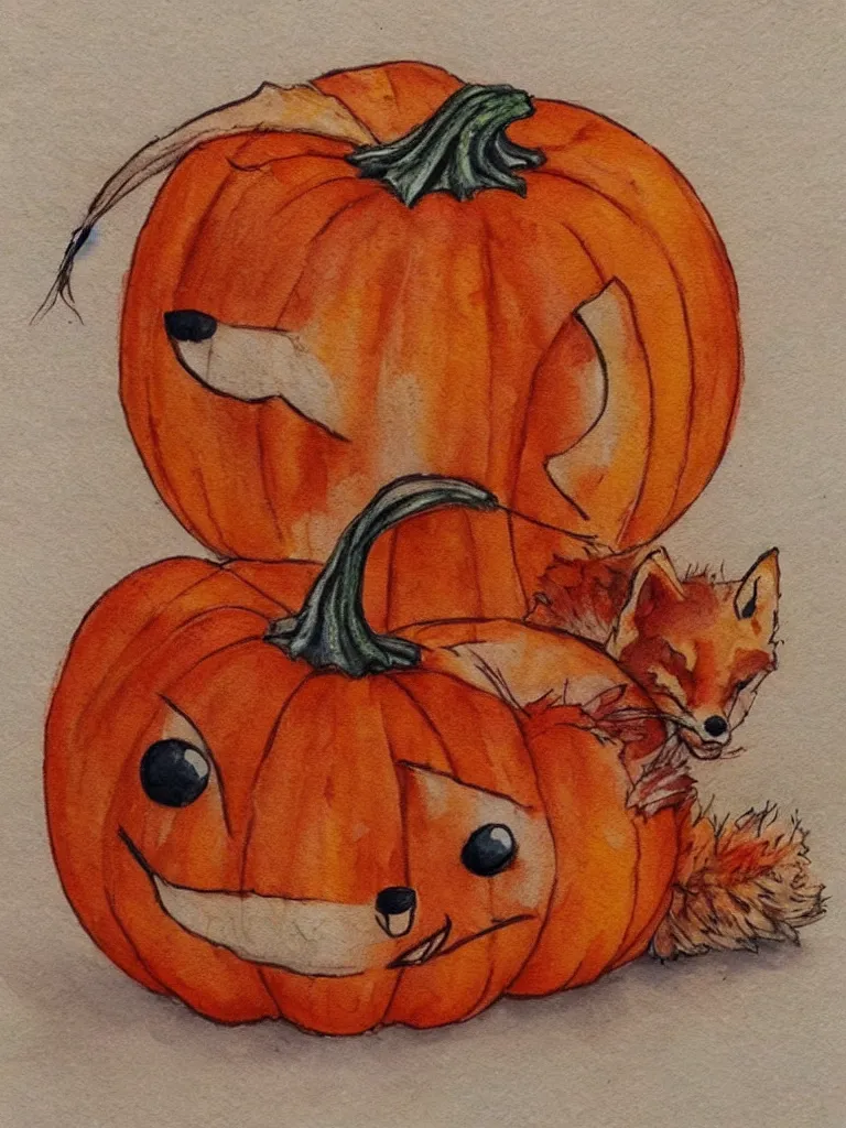 Image similar to autumn fox pumpkin watercolor by arti chauhan trending on artstation