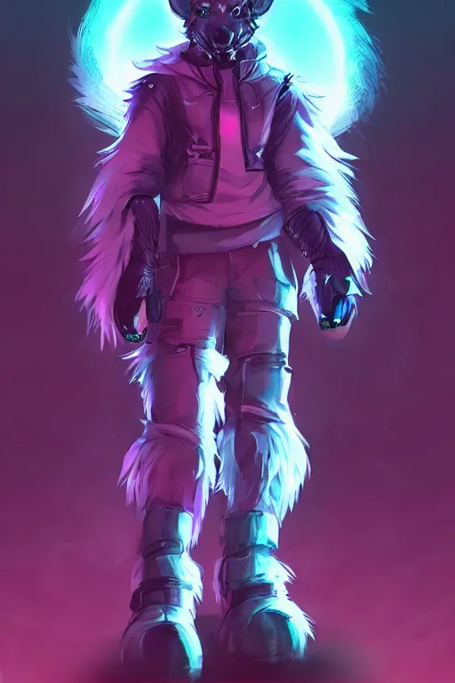 Image similar to a cyberpunk anthropomorphic wolf with a fluffy tail, comic art, trending on furaffinity, cartoon, kawaii, backlighting, furry art!!!, neon, concept art