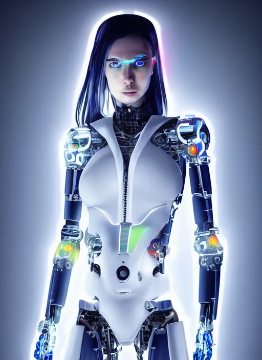 Image similar to photorealistic detailed full body picture of a female cyborg, pretty face, neon lights, white suit, humanoid, extreme, uhdr, book called the most influental cyborg in 2 0 5 0, fine details, highly detailed, intricate, smooth sharp focus