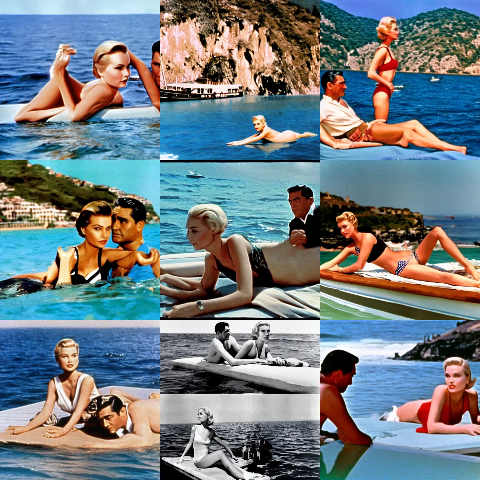 Prompt: scene on the sea from to catch a thief with grace kelly sunbathing and cary grant swimming