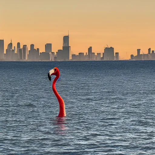 Image similar to photo of a giant colossal flamingo in the distant horizon beyond city skyline