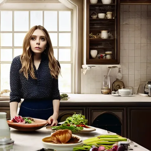 Prompt: elizabeth olsen cooking in kitchen, highly detailed, photorealistic portrait, bright studio setting, studio lighting, crisp quality and light reflections, unreal engine 5 quality render