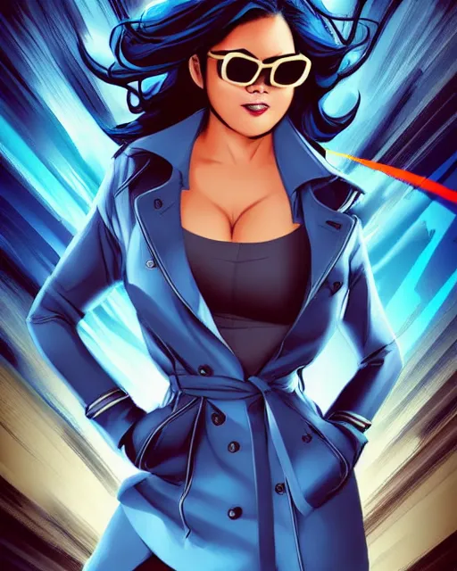 Prompt: thick chubby filipina superhero, long black trench coat, sunglasses, sly grin, fully clothed, exaggerated perspective, flying toward camera, beautiful detailed face, bright blue hair, action pose, comic book style, highly detailed, dynamic shadows, dynamic lighting, dynamic colors, geoff johns, jason fabok, jason fabok, brad anderson, splash art