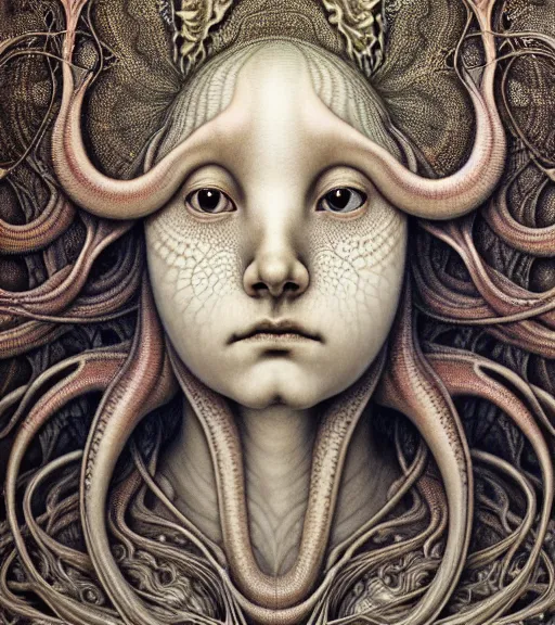 Image similar to detailed realistic beautiful squid goddess face portrait by jean delville, gustave dore, iris van herpen and marco mazzoni, art forms of nature by ernst haeckel, art nouveau, symbolist, visionary, gothic, neo - gothic, pre - raphaelite, fractal lace, intricate alien botanicals, ai biodiversity, surreality, hyperdetailed ultrasharp octane render