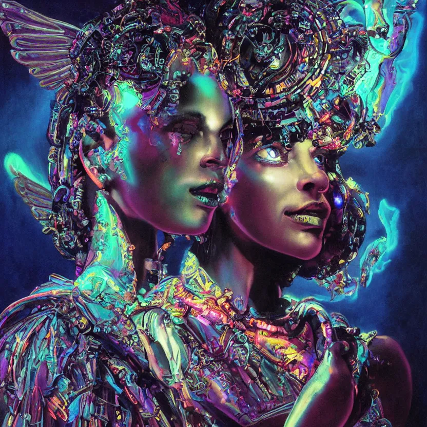 Prompt: a baroque neoclassicist close - up portrait of a colorful retrofuturistic blacklight uv silhouette of a cyborg alien indian fairy goddess with iridescent wings. glowing fog in the background. renaissance portrait painting. highly detailed science fiction painting by norman rockwell, frank frazetta, and syd mead. rich colors, high contrast, gloomy atmosphere, dark background. trending on artstation