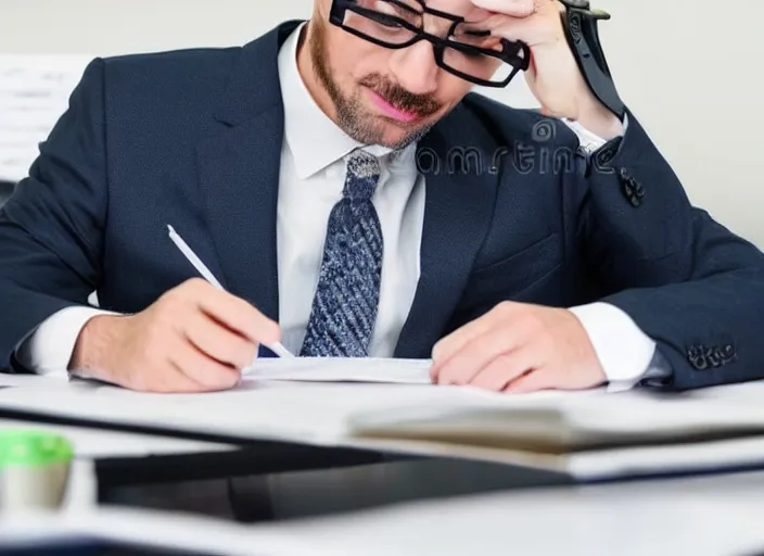 Prompt: photo of an alligator in a suit and glasses, reading a document at a desk in an office. Highly detailed 8k. Intricate. Sony a7r iv 55mm. Stock photo.