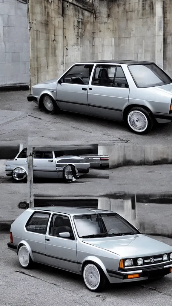 Image similar to 1 9 8 0 s vw golf, made out of reflective chrome