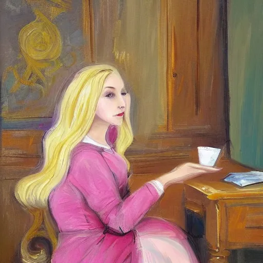 Prompt: russian girl with long blond hair sitting at a pink keyboard holding a cup of tea, masterpiece art