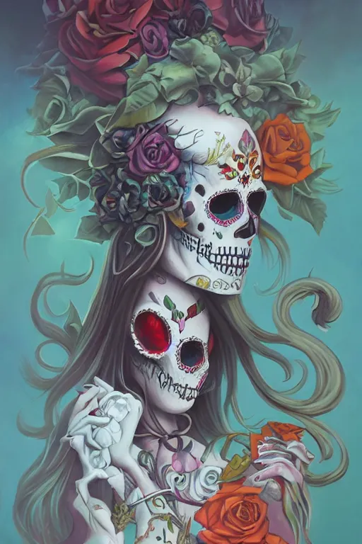 Image similar to Illustration of a sugar skull day of the dead girl, art by peter mohrbacher